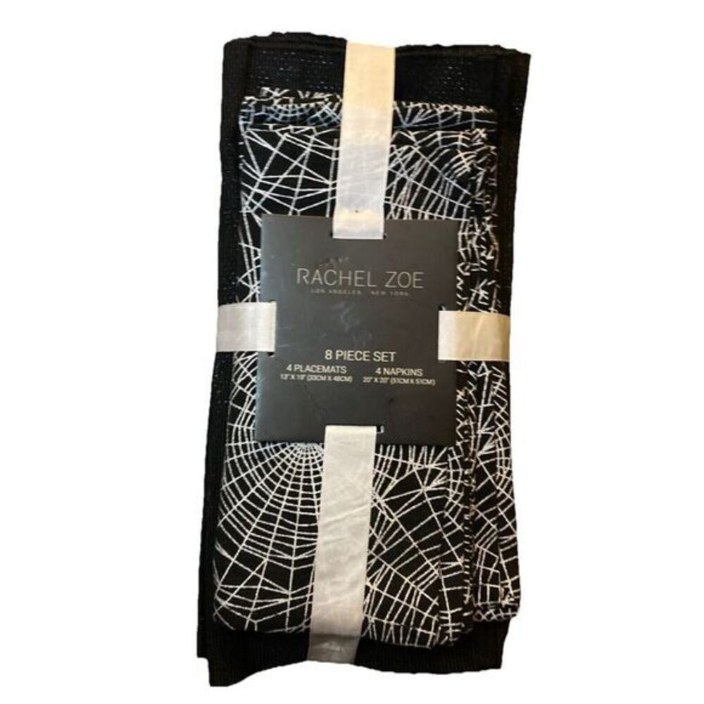 RACHEL ZOE Halloween Spooky Silver Spider Web Napkins Black Placemats 4 EA